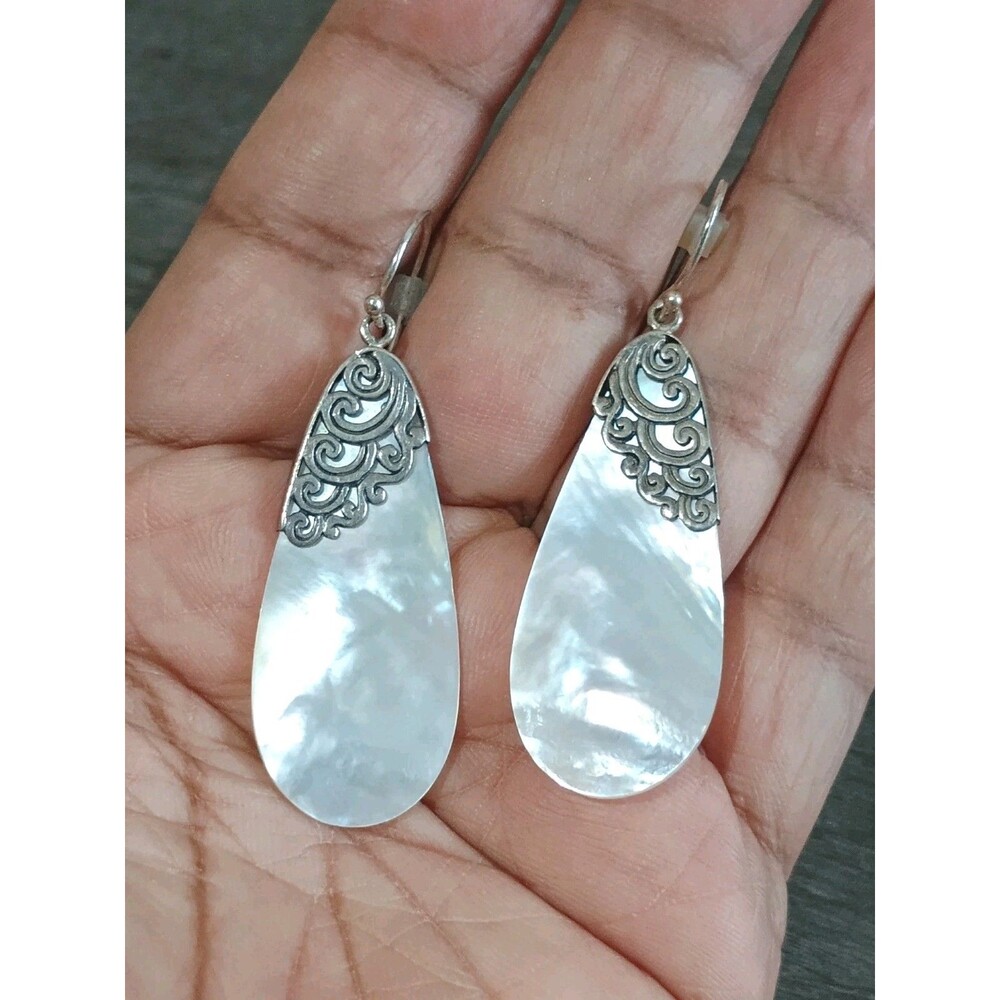 Athra Trading Mother Of Pearl Scrollwork Sterling Silver Dangle Earrings ATI 925